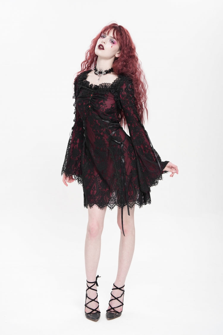 Red Square Collar Long Sleeves Floral Embroidery Lace Lace-Up Women's Gothic Dress - Product - 7