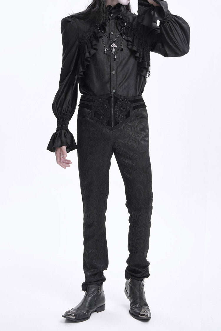 Black Floral Print Embroidery Branded Zip Men's Gothic Pants - Product - 5