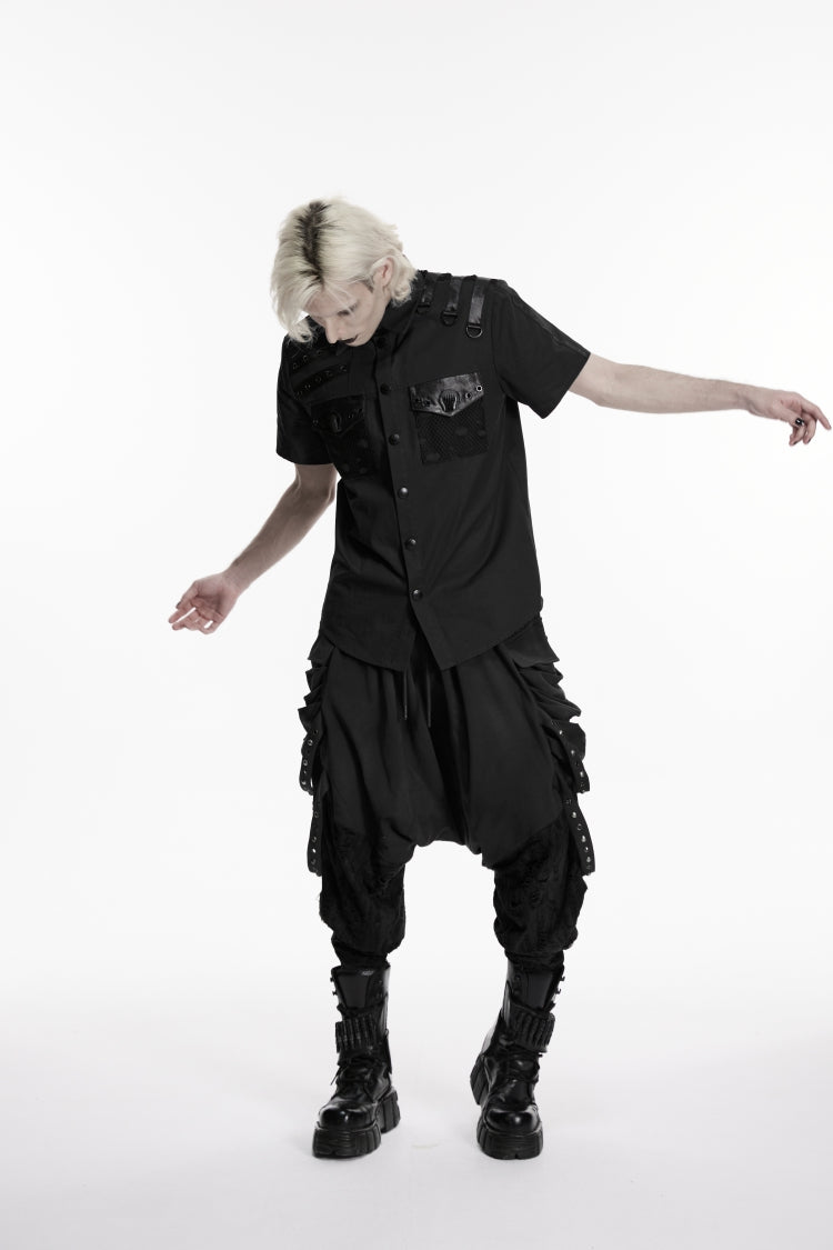 Black Lapel Collar Short Sleeves Cut-Out Spliced Men's Punk Shirt - Product - 6