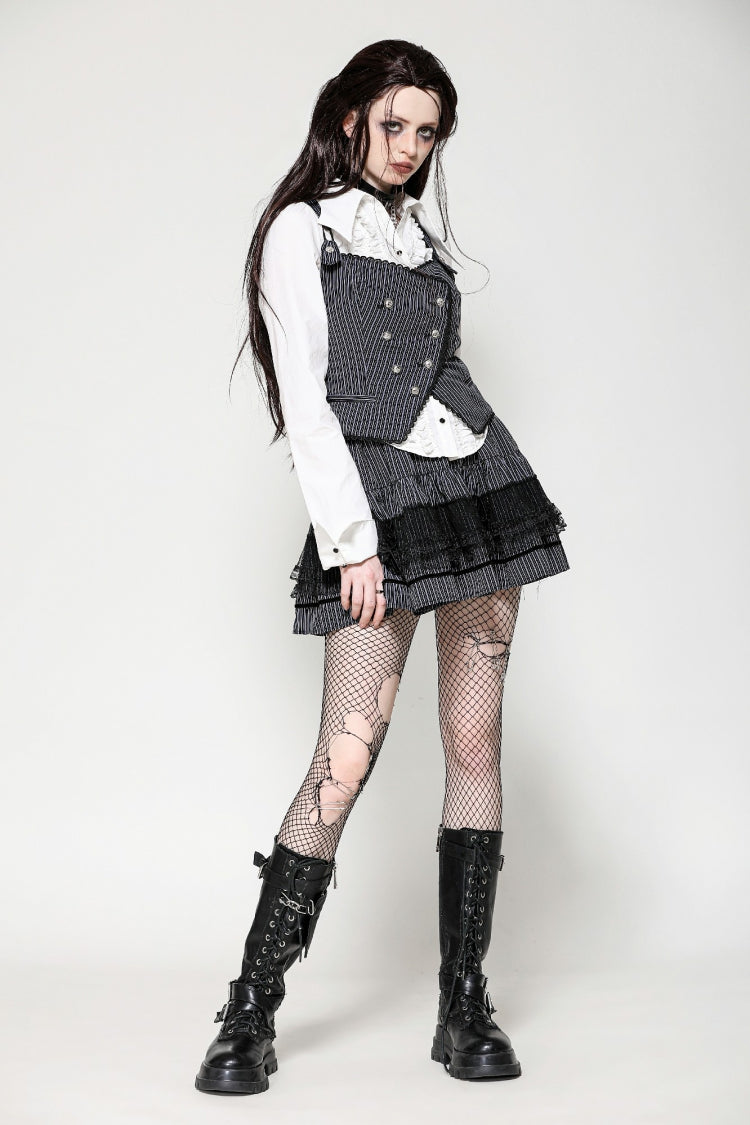 Black/White Striped Buckled Women's Gothic College Style Vest - Product - 7