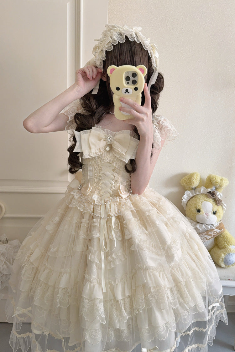 Apricot [Eternal Vow] Sleeveless Multi-Layered Ruffle Hanayome Bowknot Lace Lace-Up Sweet Lolita Jsk Dress - Product - 6