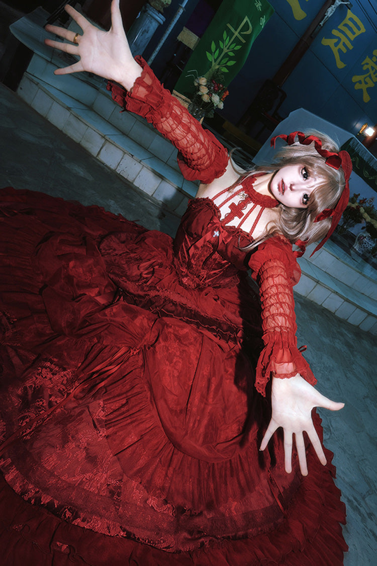 Wine Red Cross Halterneck Ruffle Bowknot Lace Lace-Up Princess Gothic Lolita Dress - Product - 6