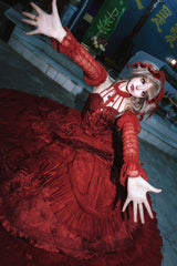 Wine Red Cross Halterneck Ruffle Bowknot Lace Lace-Up Princess Gothic Lolita Dress - Product - 6