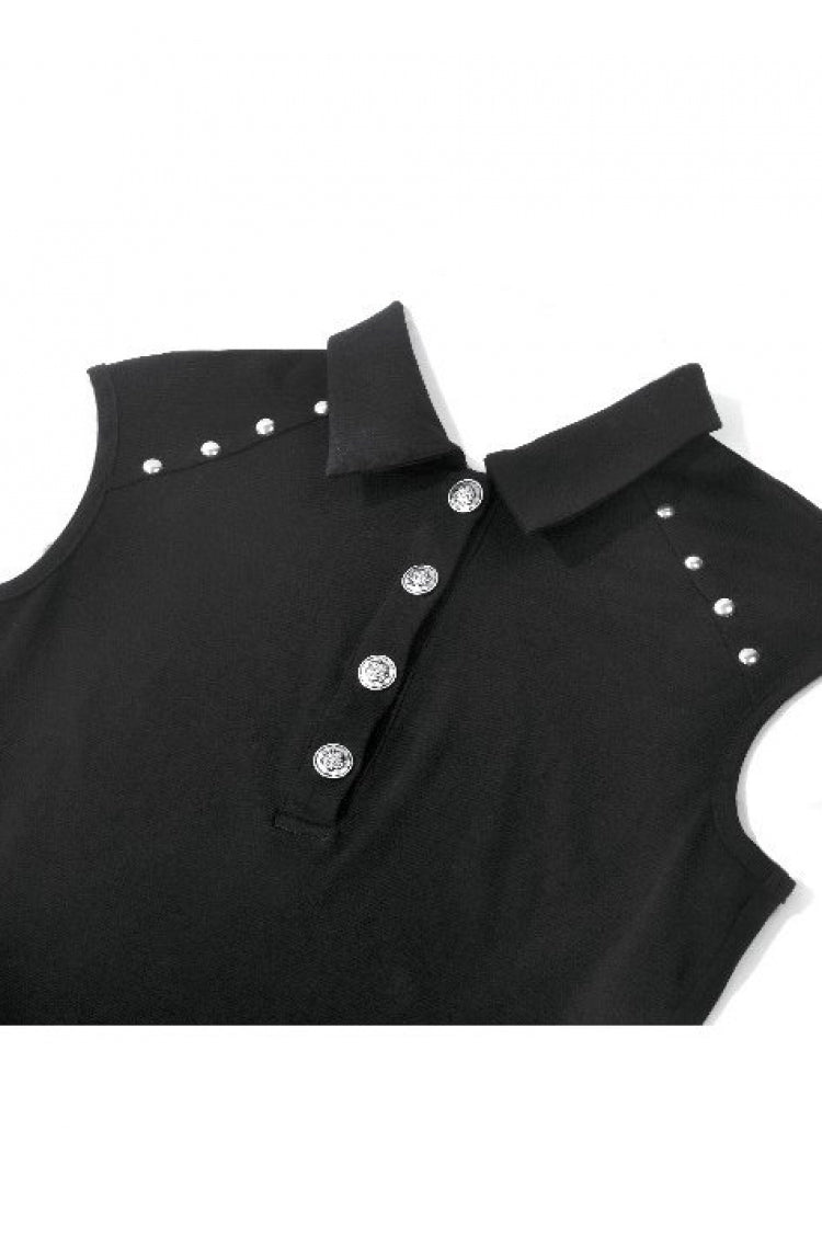 Black Women's Punk Turn-down Collar Lace-Up Studded Sleeveless Polo Top - Product - 12