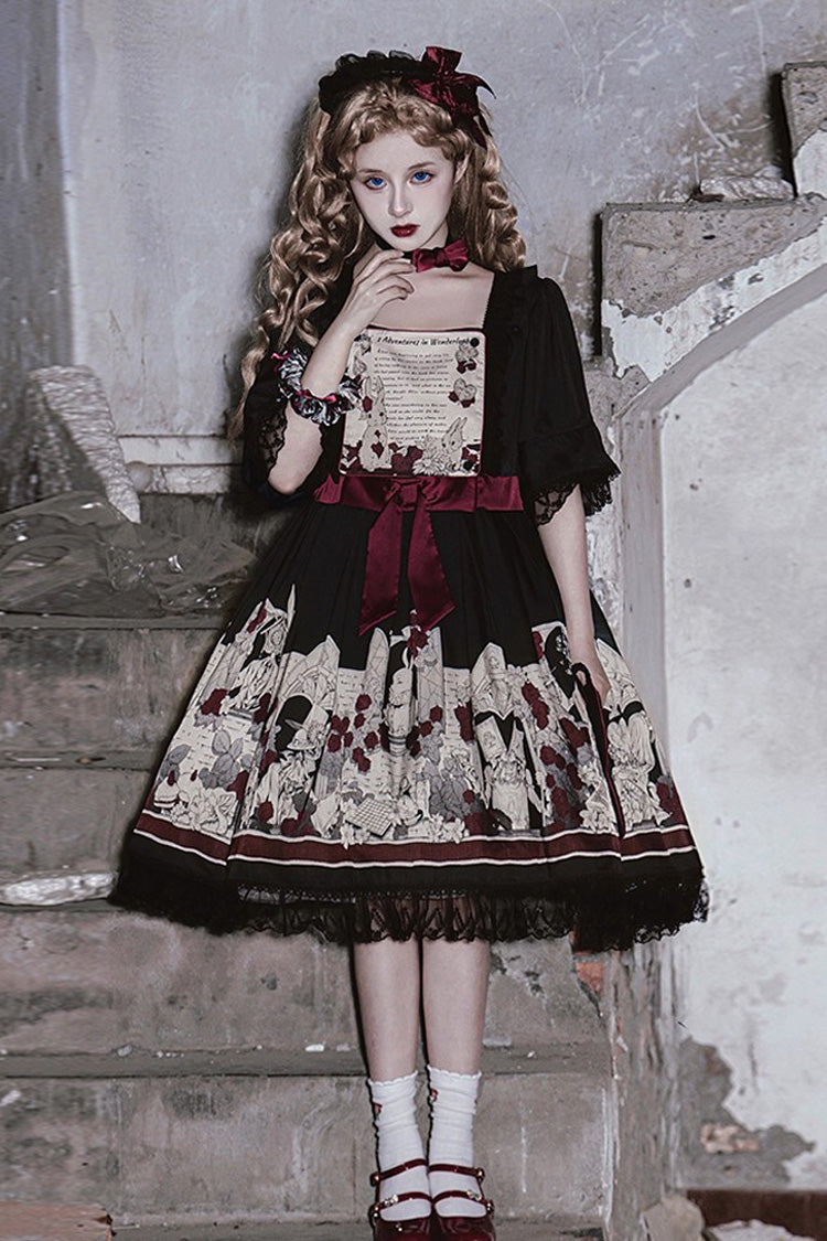 Black [Alice of the Asylum] Print Bowknot Lace Gothic Lolita Dress 2 Versions - Black - 1