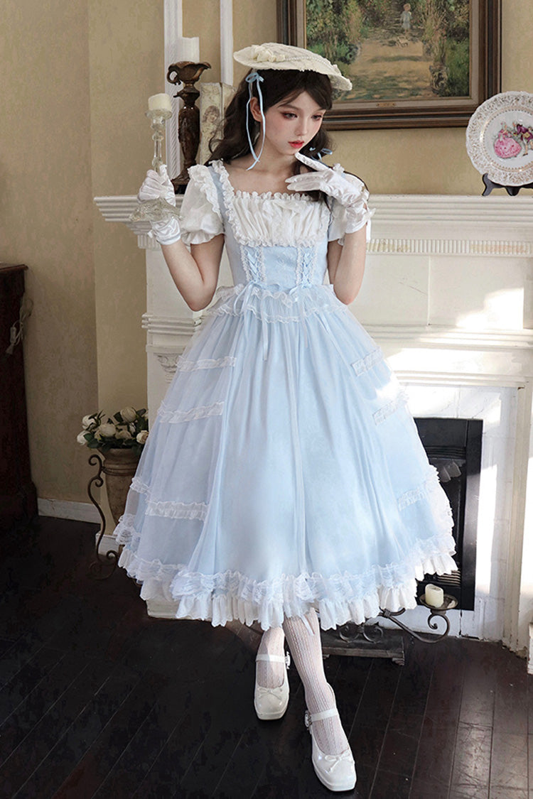 Light Blue Confession Poem Square Collar Short Sleeves Ruffle Sweet Elegant Lolita Dress Set - Product - 4