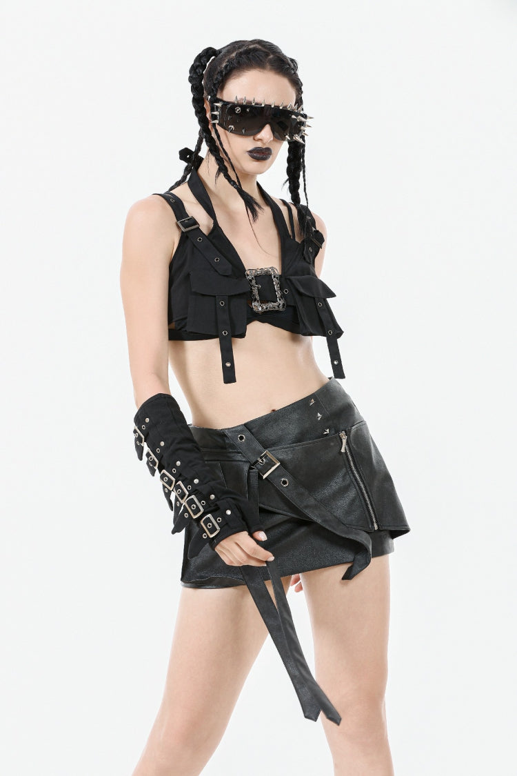 Black Halterneck Buckled Women's Punk Utility Vest - Product - 9