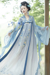 Blue [Princess Of The Sea] Hime Sleeves High Waisted Embroidered Women's Sweet Hanfu Dress Set - Blue - 1