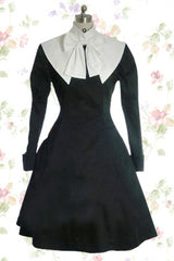 Black/White Cotton Stand Collar Long Sleeves Knee-length Bowknot Gothic Lolita Dress - Black/White - 1
