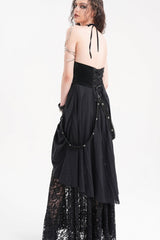 Black Halterneck Hollow Lace Women's Gothic Strap Maxi Dress - Product - 12
