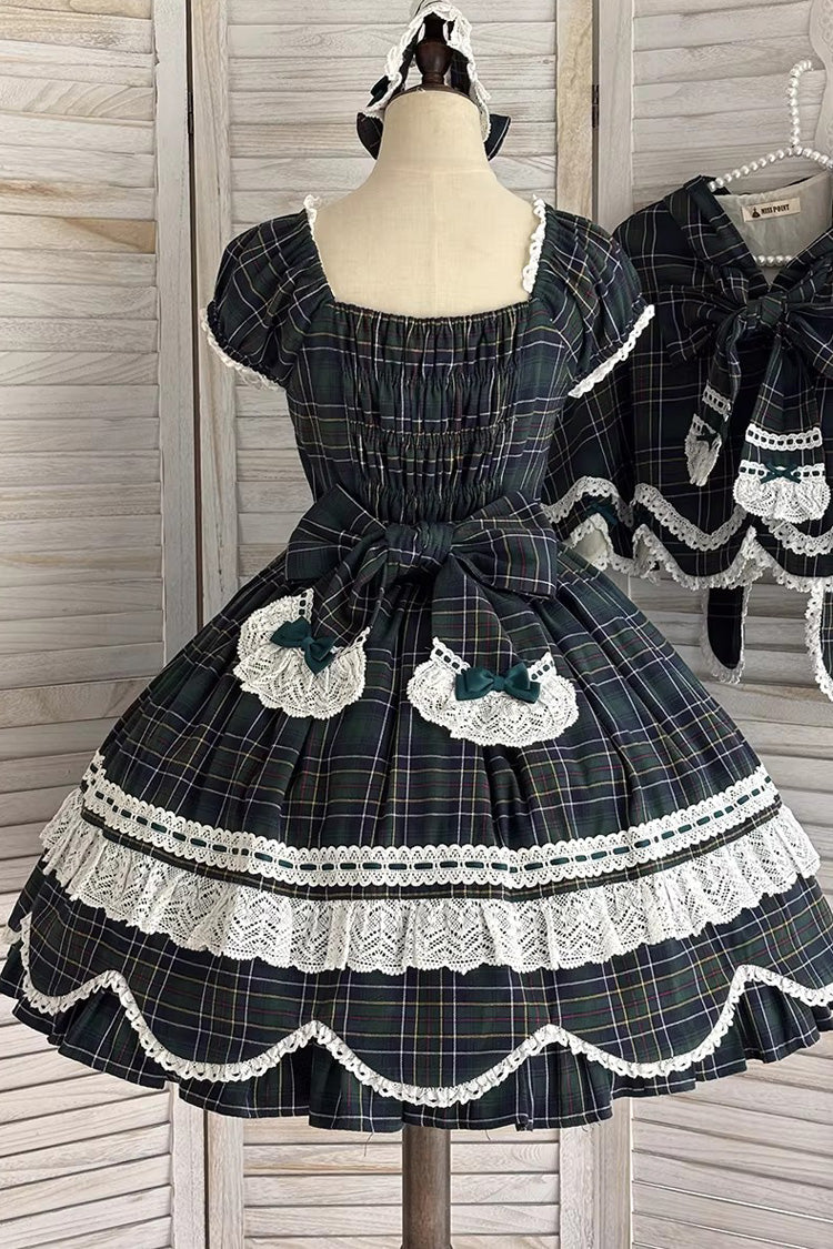 Green [Gingham Petal Bunny] Short Sleeves Printed Ruffled Bow Sweet Lolita OP Dress - Product - 13