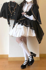 Black/White [Commander] Long Sleeves Ruffle Bowknot Irregular Sweet Lolita Dress Coat Cloak Set - Product - 4