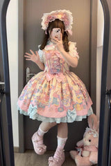 Cream Yellow [Rainbow Buffy Bunny] Sleeveless Double-Layered Ribbon Doll Printed Ruffled Bow Sweet Lolita Jsk Dress Set - Product - 2