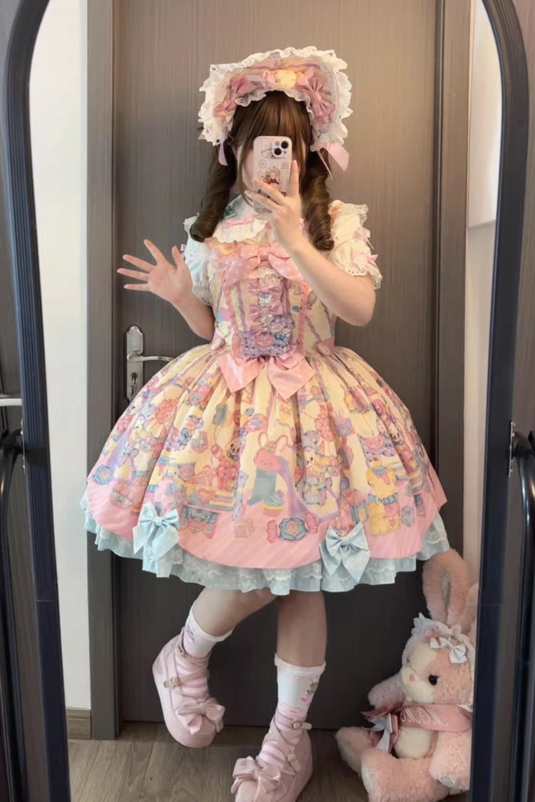 Cream Yellow [Rainbow Buffy Bunny] Sleeveless Double-Layered Ribbon Doll Printed Ruffled Bow Sweet Lolita Jsk Dress Set - Product - 2
