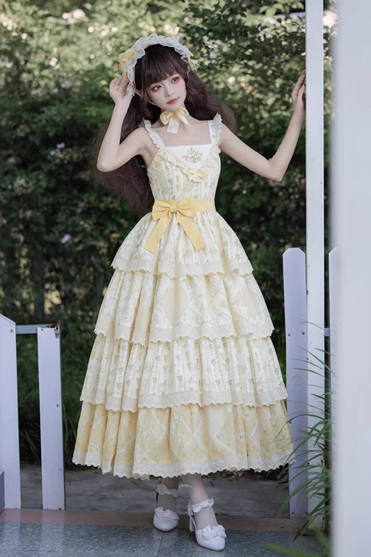 Yellow Multi-layer Sunflower Print Ruffle Embroidery Sweet Chinese Style Lolita Jsk Dress - Yellow - 1
