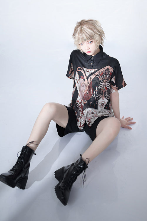 Lapel Collar Night Command Print Loose Short Sleeves Ouji Lolita Blouse - Product - 3