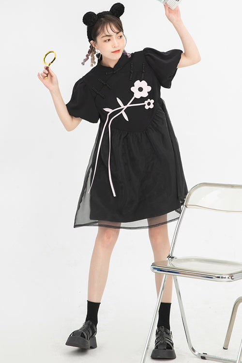 Black Stand Collar Lantern Short Sleeves Floral Print Organza Panel Sweet Lolita Dress - Product - 3