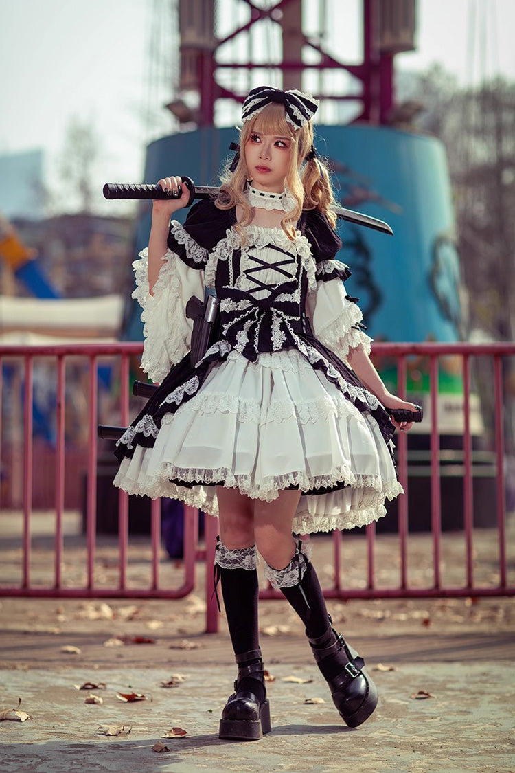 White/Black Short Sleeves Cardigan Bowknot Doll Sweet Lolita Dress - Product - 7
