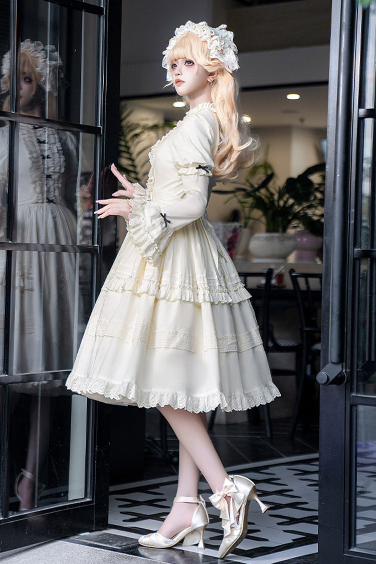 Ivory [Birch Appointment] Stand Collar Long Puff Sleeves Ruffle Bowknot Sweet Lolita Dress - Product - 3