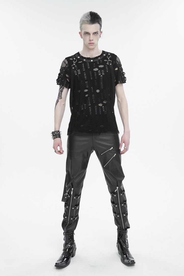 Black Half Hollow Shoulder Tie Design Men's Punk T-Shirt - Product - 4