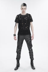 Black Half Hollow Shoulder Tie Design Men's Punk T-Shirt - Product - 4