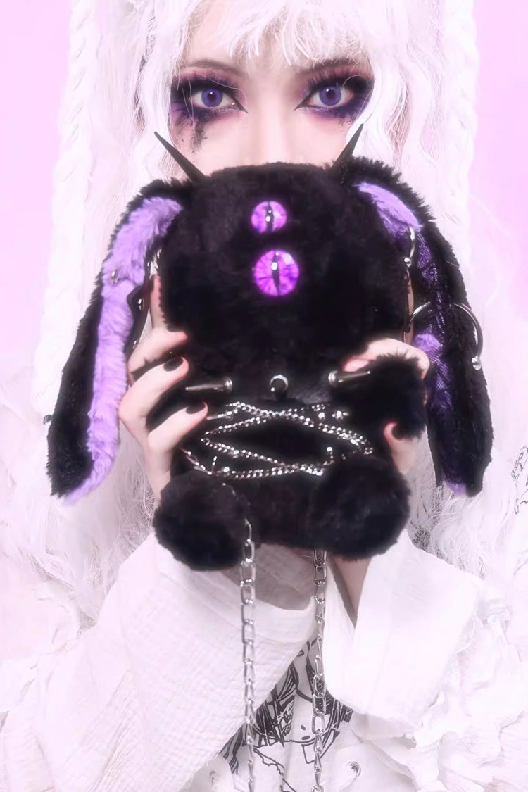 Black/Purple [Demon Bunny One-Eyed Doll] Chain-Decorated Gothic Lolita Crossbody Bag - Black/Purple - 1