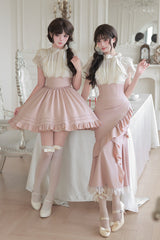 White/Pink Round Collar Short Sleeves Ruffled Bow Lace Color-Blocked Boned Sweet Lolita Dress 2 Versions - Product - 8