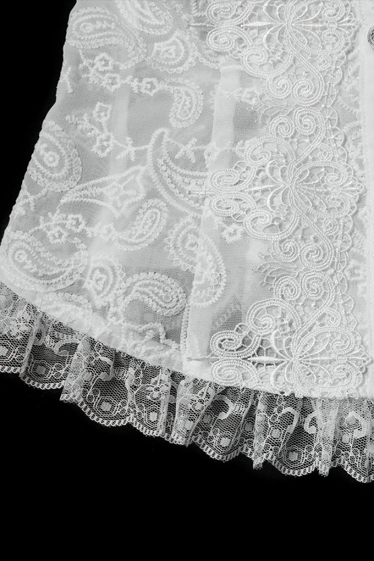 White Stand Collar Long Puff Sleeves Floral Embroidered Women's Gothic Blouse - Product - 6