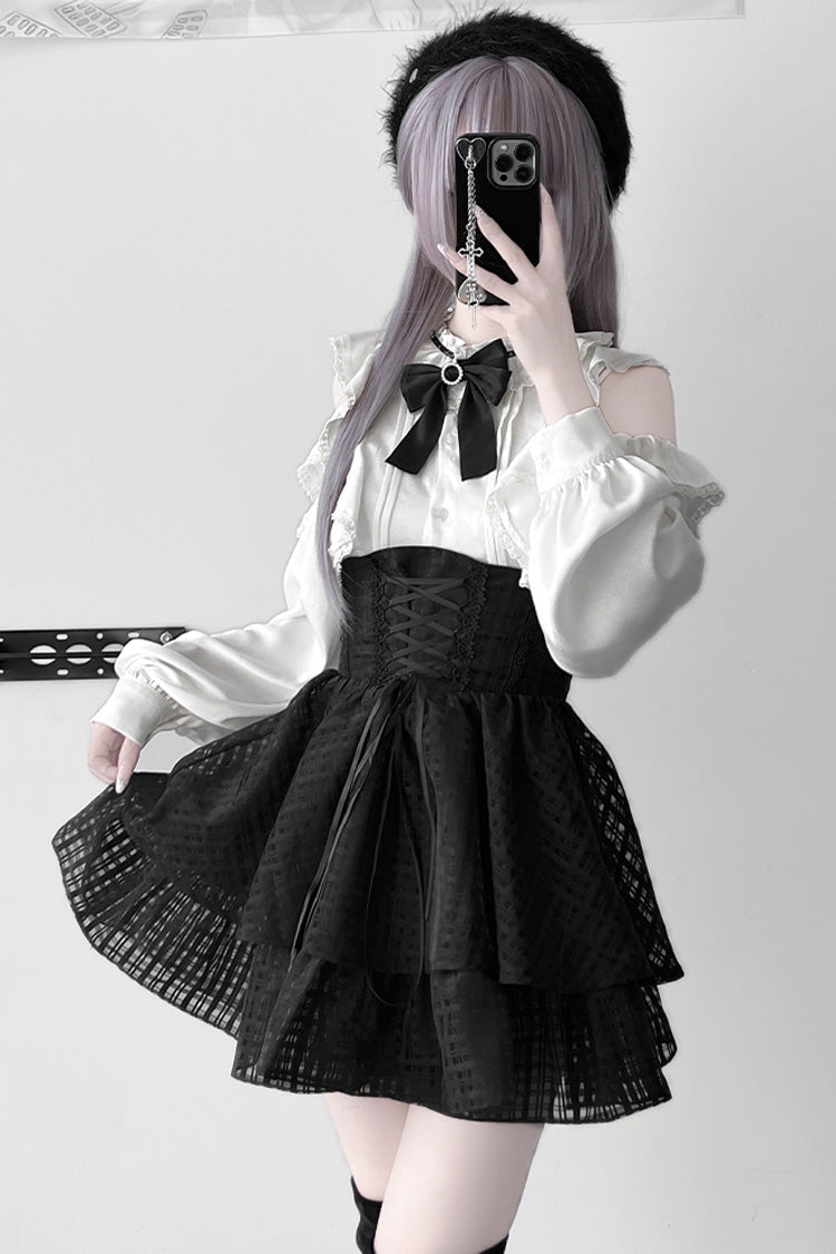 Black [Blackberry Rite] Lace Bowknot Lace-Up Jirai Kei Skirt - Black - 1