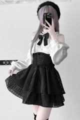Black [Blackberry Rite] Lace Bowknot Lace-Up Jirai Kei Skirt - Black - 1