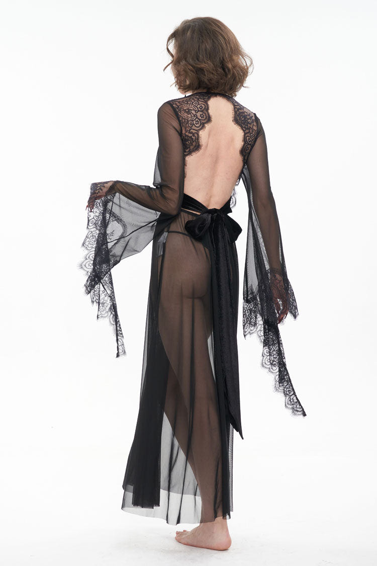 Black Perspective V-Neck Sexy Backless Lace Up Lace Flare Sleeve Women's Gothic Dress - Product - 6