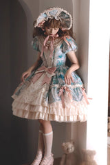 [Angel Heart Sky Oil Painting] Print Ruffle Cardigan Bowknot Sweet Princess Lolita Dress 3 Colors - Product - 19