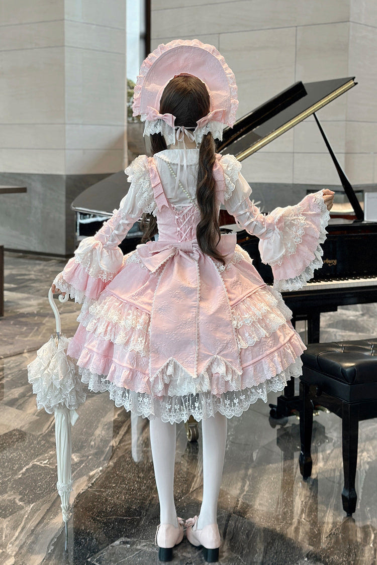 [Sakura Love] Multi-Layered Jacquard Ruffle Embroidery Cardigan Bowknot Lace Sweet Gorgeous Lolita Jsk Dress 3 Colors - Product - 3