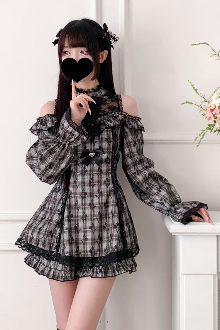 Sweet Off Shoulder Halterneck Long Sleeves Ruffle Bowknot Lace Jirai Kei Dress Shorts Set 4 Colors - Product - 28