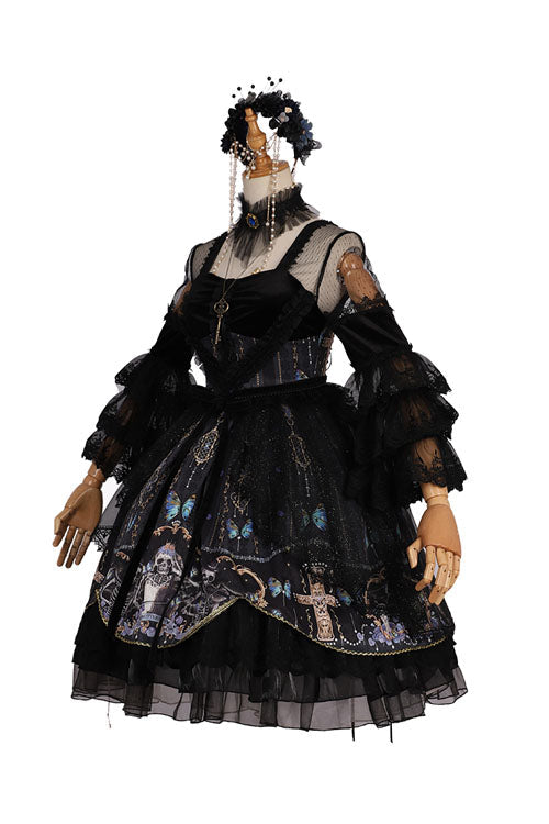 Black Square Collar Cemetery Butterfly Skull Print Lace Lantern Sleeves Multi-Layer Ruffled Gothic Lolita OP Dress - Product - 8