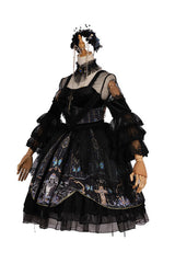 Black Square Collar Cemetery Butterfly Skull Print Lace Lantern Sleeves Multi-Layer Ruffled Gothic Lolita OP Dress - Product - 8
