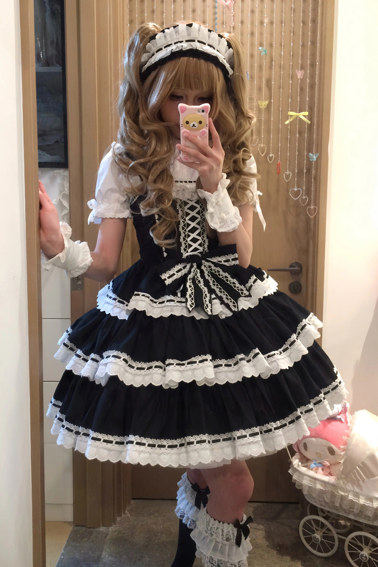 Black [Maiden Heart] Triple-Layered Ruffle Bowknot Lace Sweet Lolita Jsk Dress - Product - 6