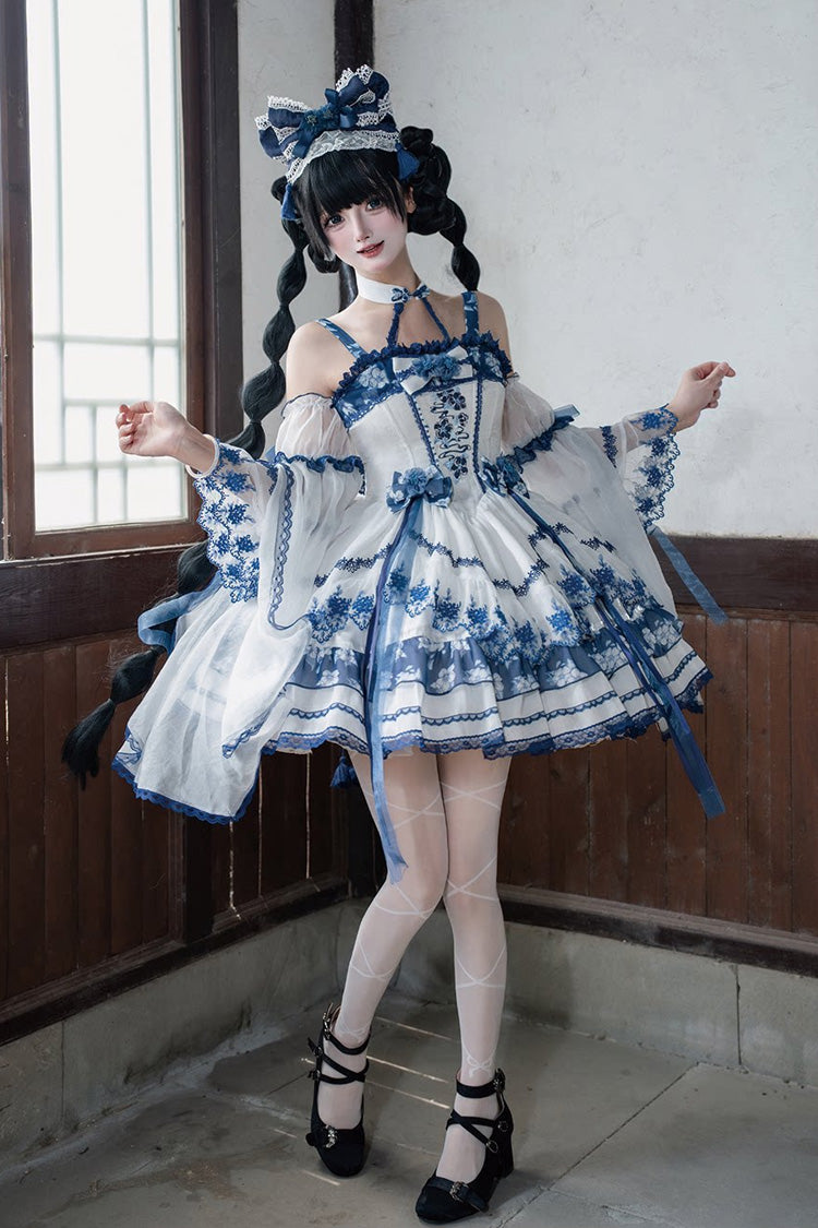[Misty Qingdai] Off Shoulder Halterneck Printed Ruffled Embroidered Bow Classic Chinese Inspired Lolita Dress 2 Colors (Porcelain Blue, Pink) - Product - 2