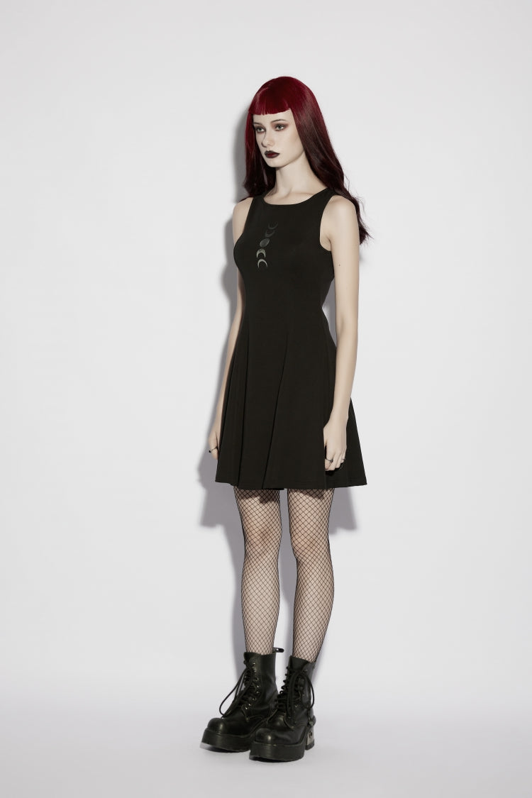 Black Off Shoulder Sleeveless Women's Gothic Moon Phase Printed Dress Graduation Dress - Product - 2