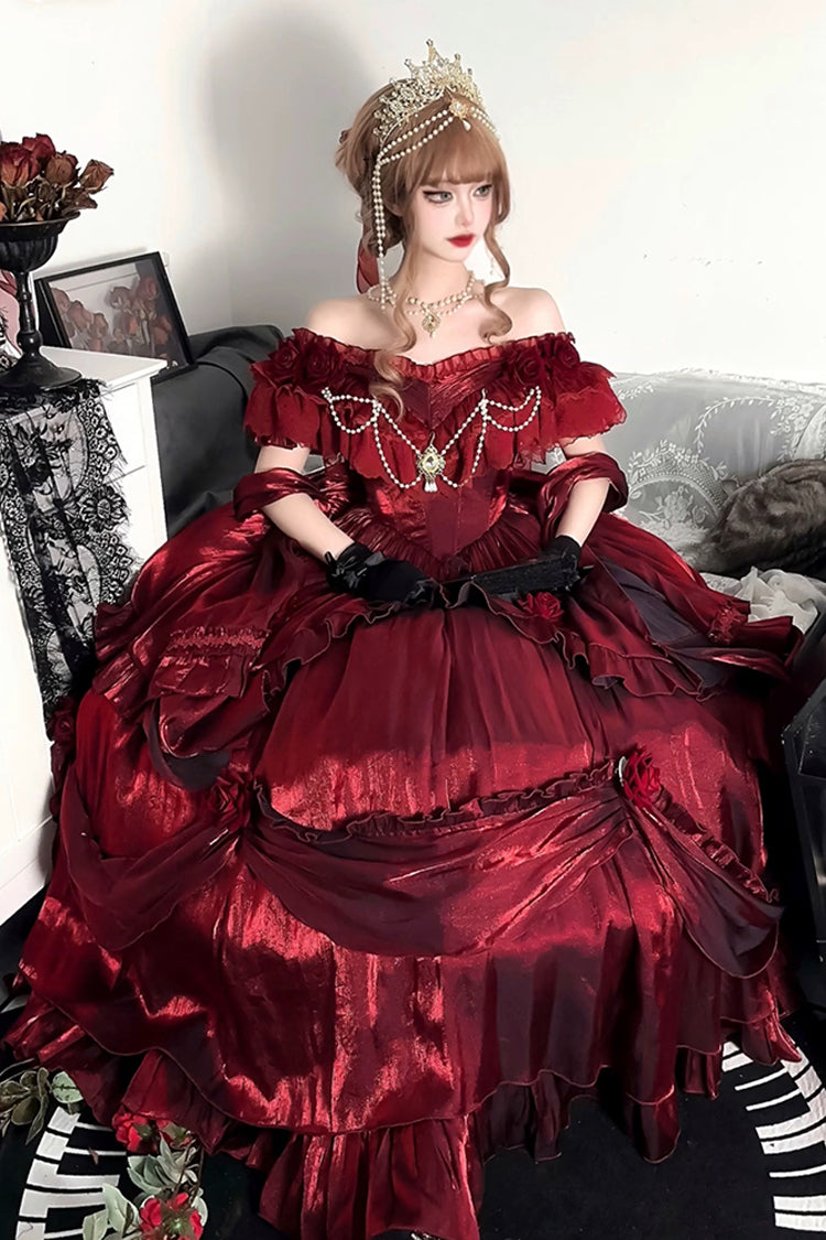 Red Tana Manor Rose Flower Long Sleeves Ruffle Bowknot Elegant Gothic Princess Lolita Strapless Dress - Product - 4