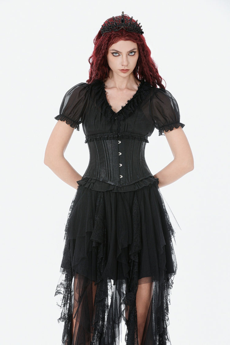 Black Solid Color Sleeveless Lace Lace-Up Women's Punk Underbust Corset - Product - 5