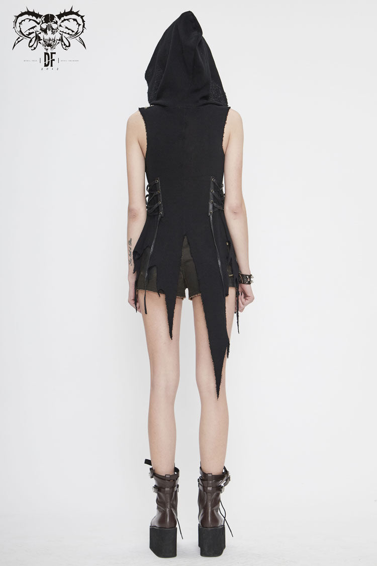 Black Sleeveless Irregular Hooded Womens Gothic Vest - Product - 6
