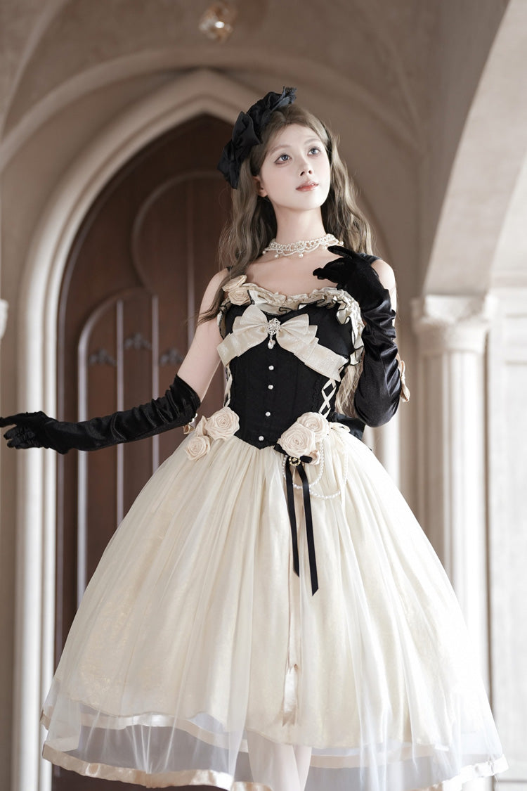 Black/White [Paris Souvenir] Sleeveless Ruffled Bow Lace-Up Fishbone Pearl-Decorated Classic Elegant Lolita Jsk Dress - Product - 9