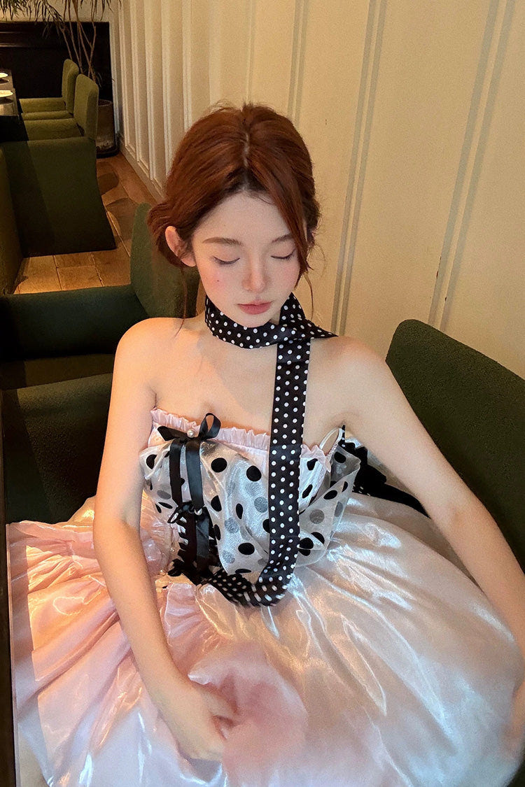Pink [Polka Dot × Gown Coronation] Sleeveless Printed Ruffled Bow Lace-Up Princess Gorgeous Sweet Lolita Dress - Product - 8