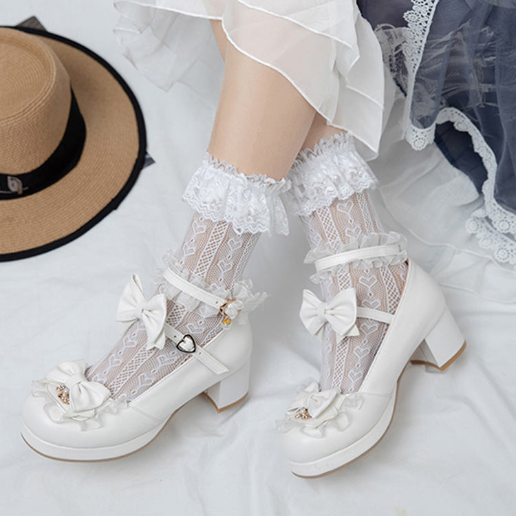 Bowknot White Frills Sweet Lolita High Heel Shoes - Product - 17