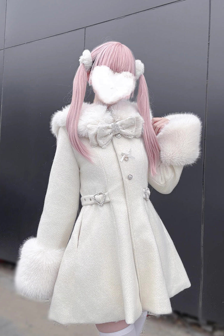 [Velvet Star Dream] Long Sleeves Bow Sweet Jirai Kei Japanese Overcoat 2 Colors - Beige - 7