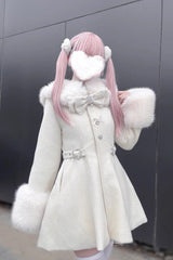 [Velvet Star Dream] Long Sleeves Bow Sweet Jirai Kei Japanese Overcoat 2 Colors - Beige - 7