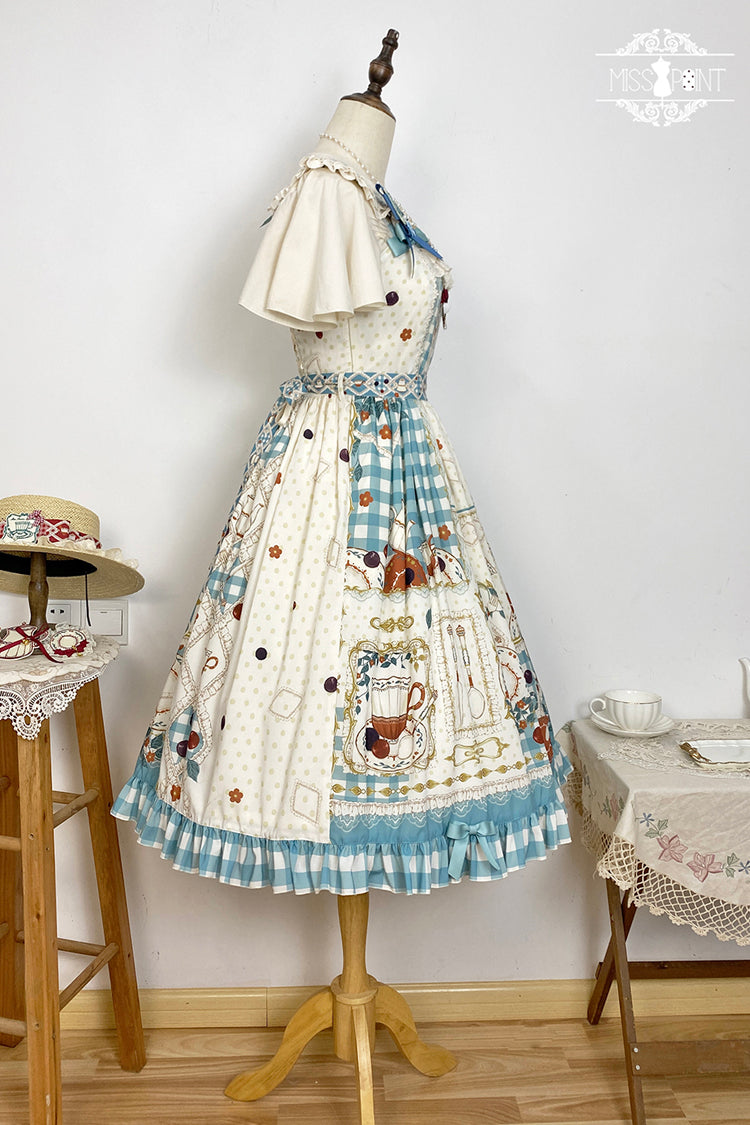 Blue/Green [Tea Party] Print Ruffle Bowknot Lace Sweet Elegant Lolita Jsk Dress - Product - 14