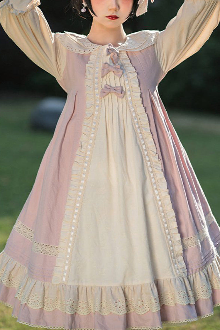 Retro Doll Collar Long Sleeved Ruffled Cotton Sweet Lolita OP Dress - Pink - 1