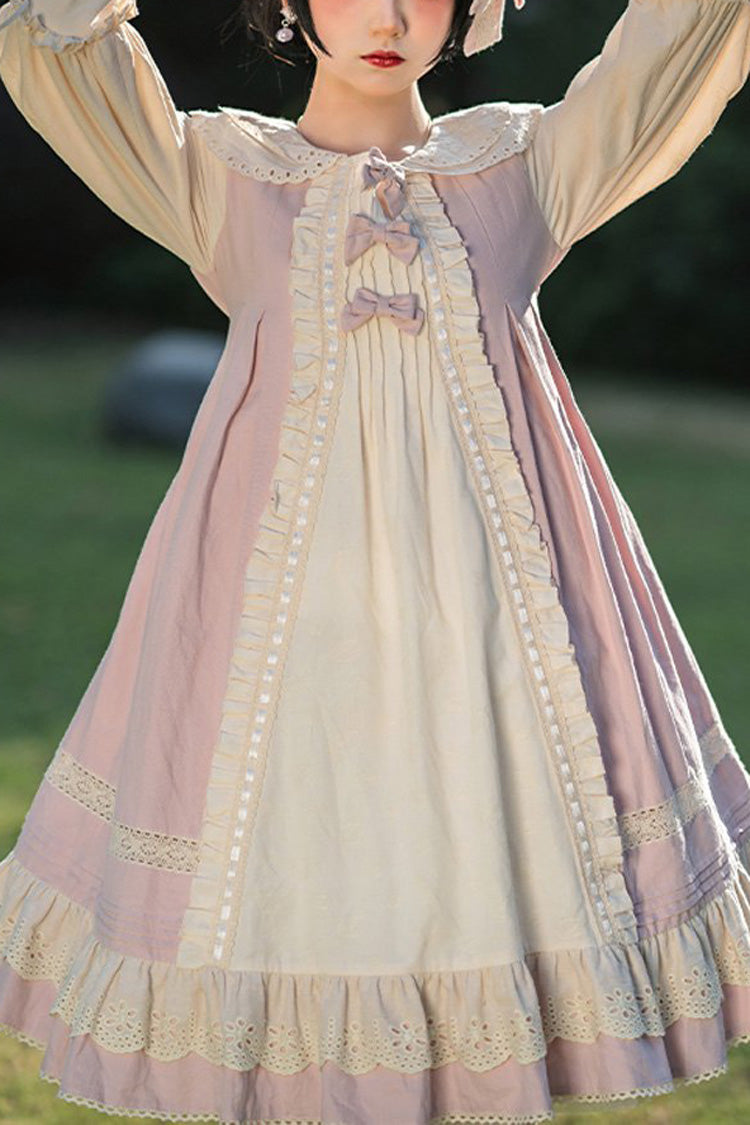 Retro Doll Collar Long Sleeved Ruffled Cotton Sweet Lolita OP Dress - Pink - 1